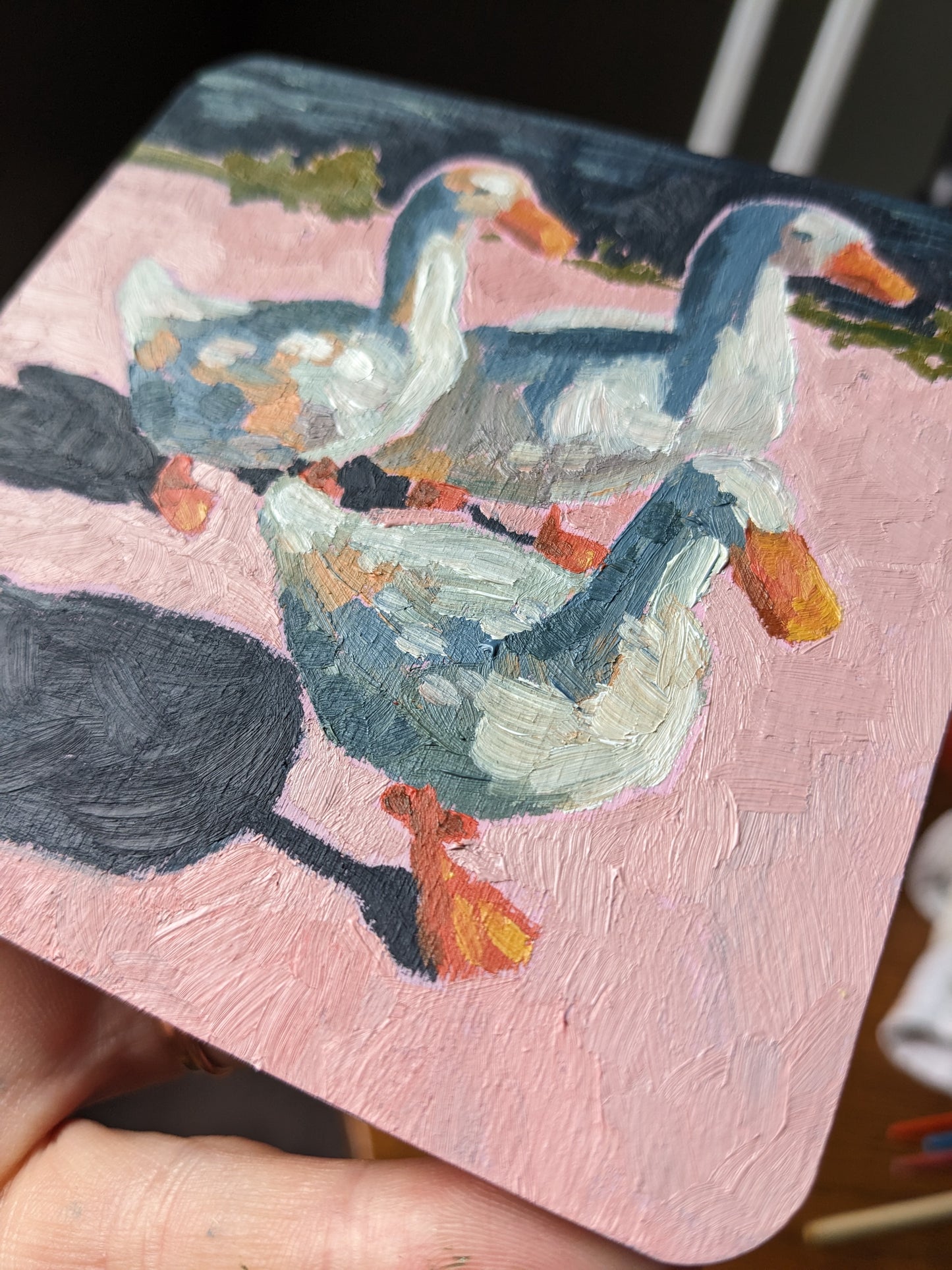 “Creekside Ducks” - 4x4 Original Oil Painting