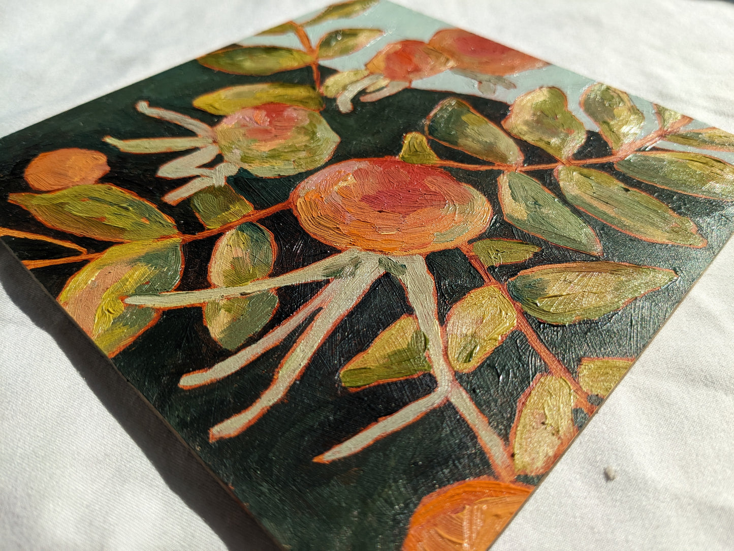 “Rugosa Rose Hips” - 6x6 Original Oil Painting