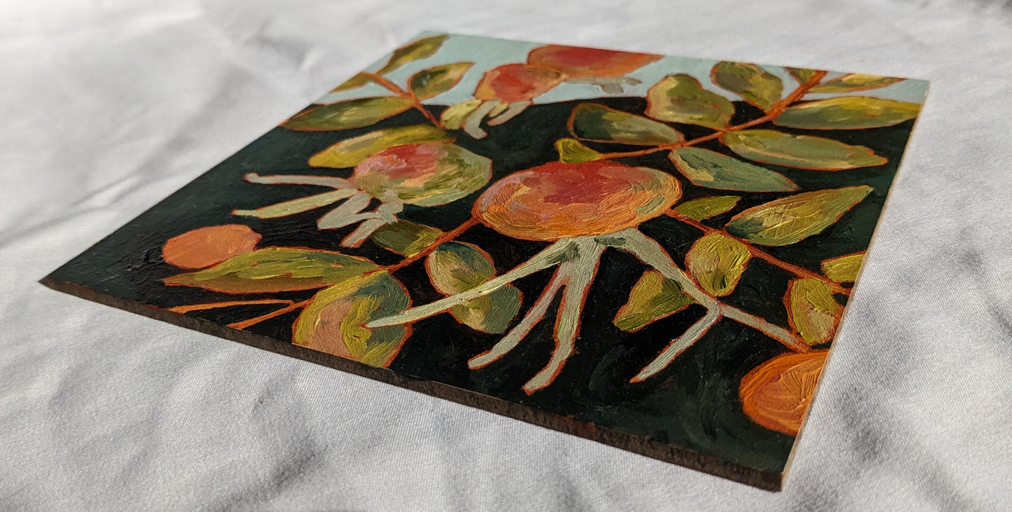“Rugosa Rose Hips” - 6x6 Original Oil Painting